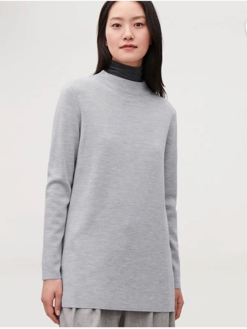 COS Wool Mock Neck Tunic Sweater Heather Gray Womens Medium